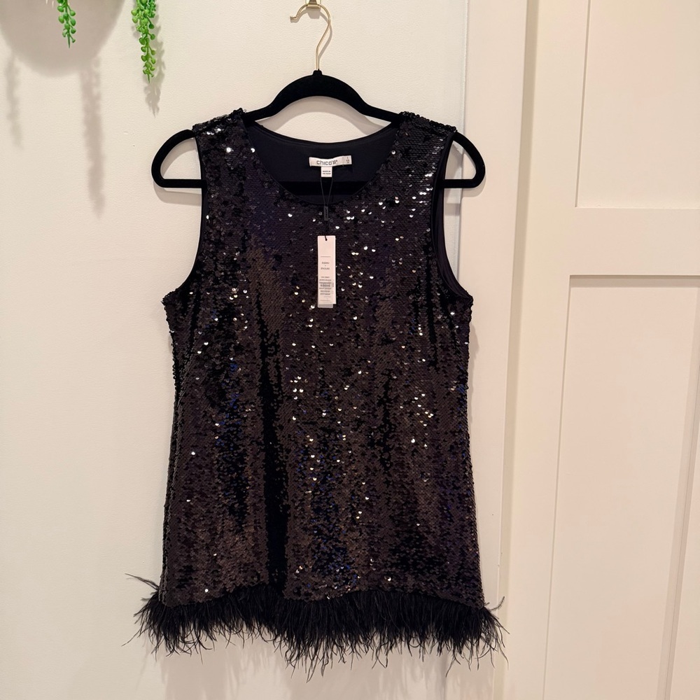 Chico's NWT Black Sequin Party Knit Tank Top Feather Hem Women's Size 1 US M